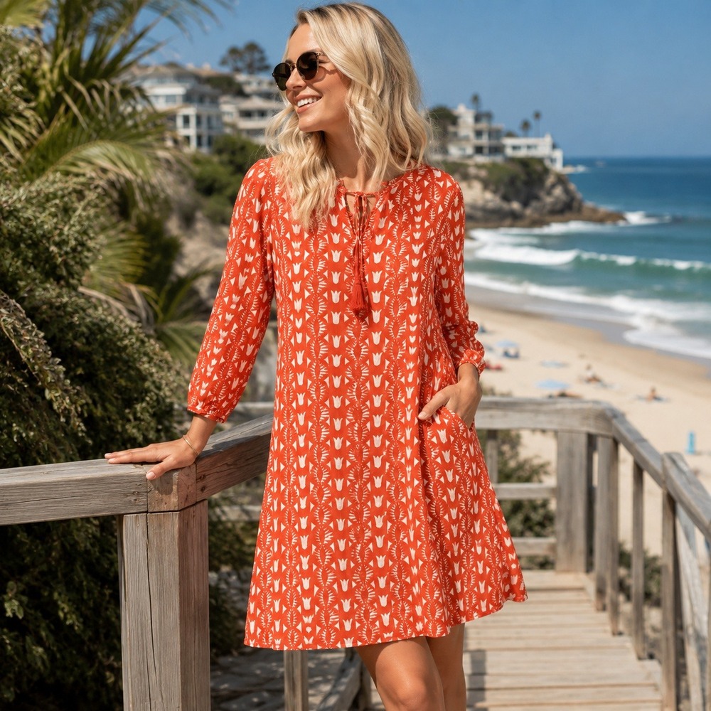 Pomegranate Orange White Cotton Floral Print Midi Dress Tassel Tie Neck Medium